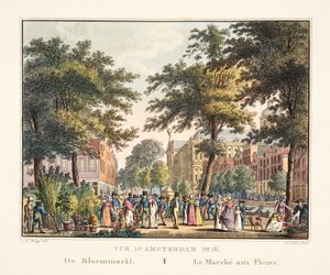 A 16. számú amszterdami kilátás. De Bloemmarkt. A virágpiac, 1825 (kézzel színezett metszet)